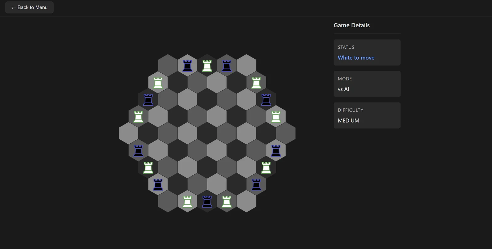 Stacktadium hex board with white and black rooks, playing against the AI on medium