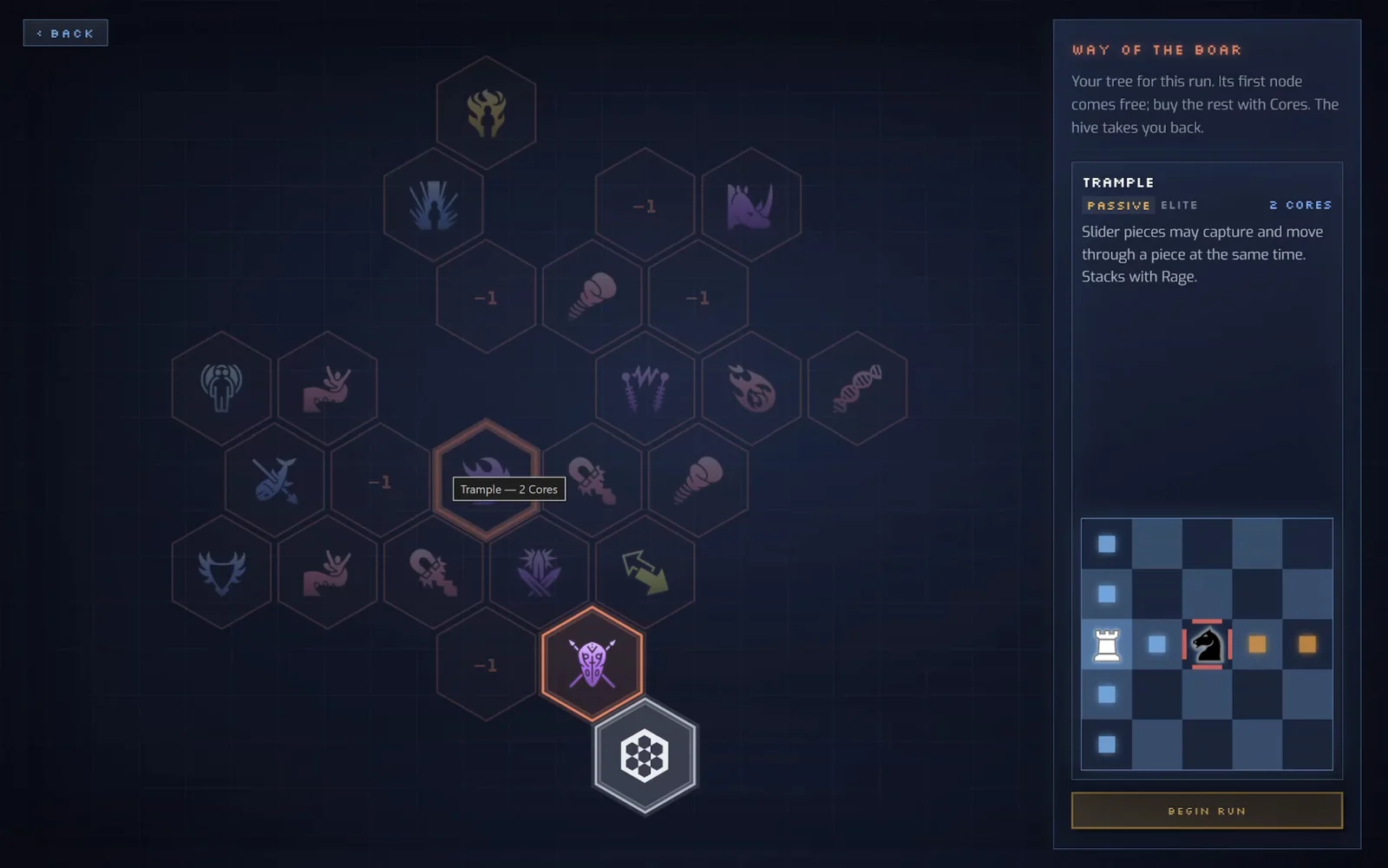 Tactorius skill tree, Way of the Boar, with the Trample node hovered and its effect previewed on a small board