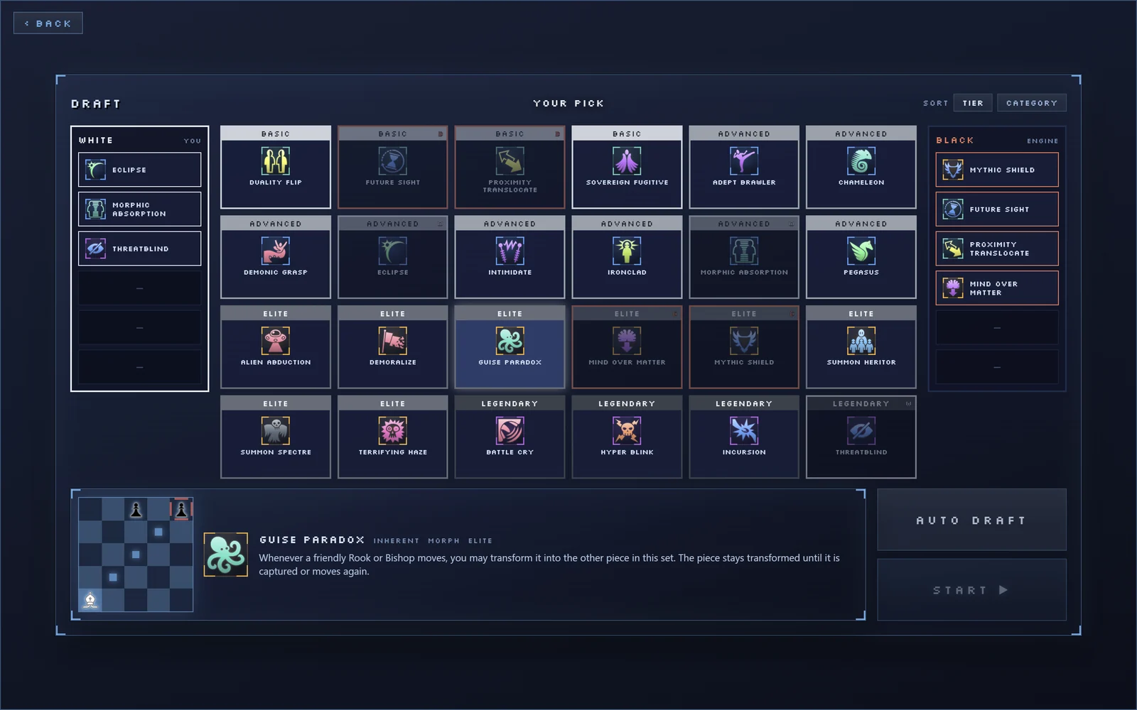 Tactorius spell draft screen, picking spells against the engine, with Guise Paradox previewed
