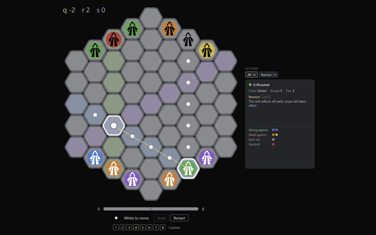 Territory X hex board at the starting position, with a unit's move path shown