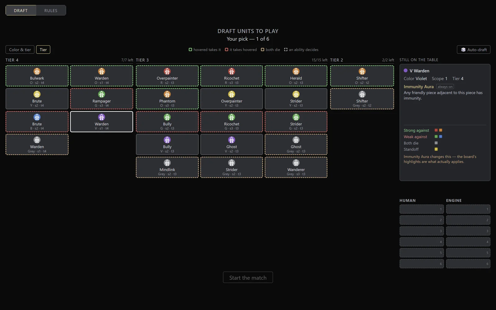 Territory X unit draft, with color matchups outlined for the hovered unit